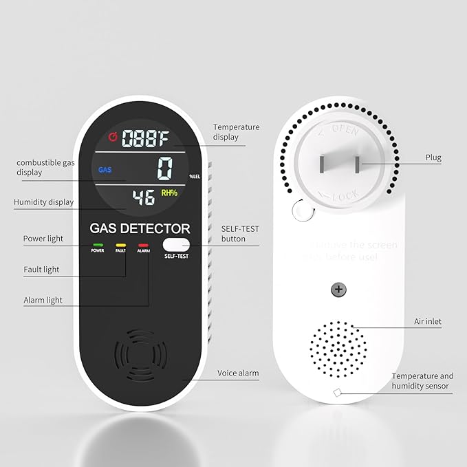 Natural Propane Gas Detector,3 in 1 Plug-in Combustible Gas Leak Detector Monitor(Gas, Temperature and Humidity Display) for Home & RV Leak Alarm for LNG, LPG, Methane (1)