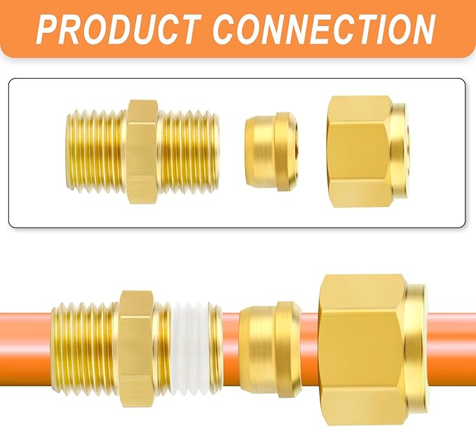 GASHER 10PCS Brass Compression Tube Pipe Fitting Connector, 10mm Tube OD Connector