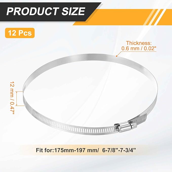 HARFINGTON 12 Pcs Hose Clamp 6-7/8"-7-3/4" (175-197mm) 304 Stainless Steel Adjustable Worm Gear Hose Clamp with Phillips Screw Assortment Kit for Fuel Line Pipe Plumbing Automotive Tube