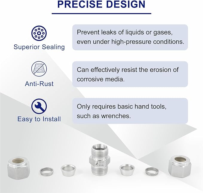 316 Stainless Steel Compression Tube Fitting 8mm OD x 8mm OD Straight Union Adapter Connector with Double Ferrules for Oil, Chemical, and Natural Gas Connections