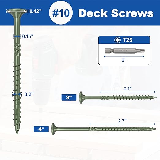 #10 x 3” Deck Screws, 108Pcs Star Drive Wood Screws, Rust Resistant Timber Screws for Timber/Log/Landscaping Wood, T25 Star Bit Included, Green