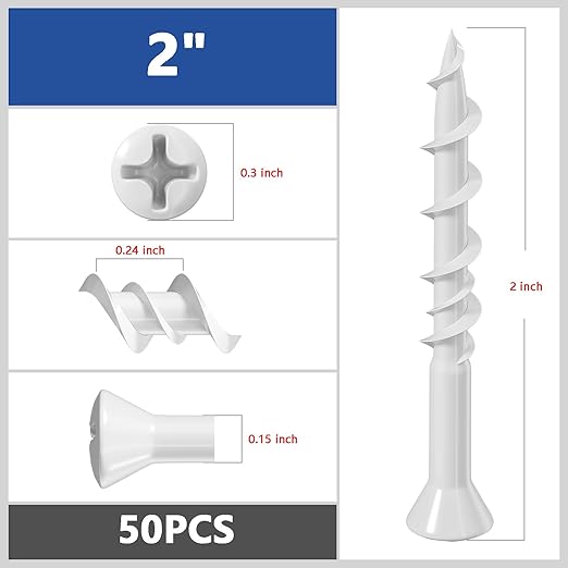 (50 pcs) Flat Head Drywall Anchors 2" White Anti Rust Coating, Bolt Anchor, Duty Hollow Wall Anchors