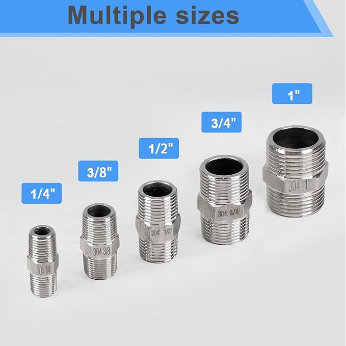 2Pcs 1/4" Male Hex Nipple Pipe Fittings, 304 Stainless Steel Threaded Adapter Fittings, 1/4-inch Male Equal Nipples Connectors, Male Straight Threaded Pipe Fitting