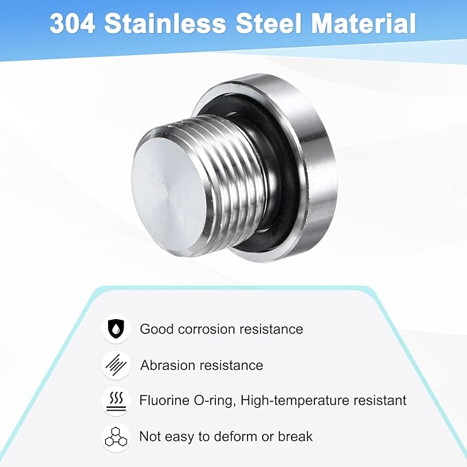 2-Pack Inner Hex Head Pipe Fitting Plug, 3/8 NPT 304 Stainless Steel Socket Bung Plug with Sealing Ring for Terminate Pipe Ends/Replacement Drains