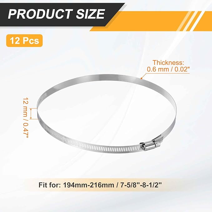 HARFINGTON 12 Pcs Hose Clamp 7-5/8"-8-1/2" (194-216mm) 304 Stainless Steel Adjustable Worm Gear Hose Clamp with Phillips Screw Assortment Kit for Fuel Line Pipe Plumbing Automotive Tube