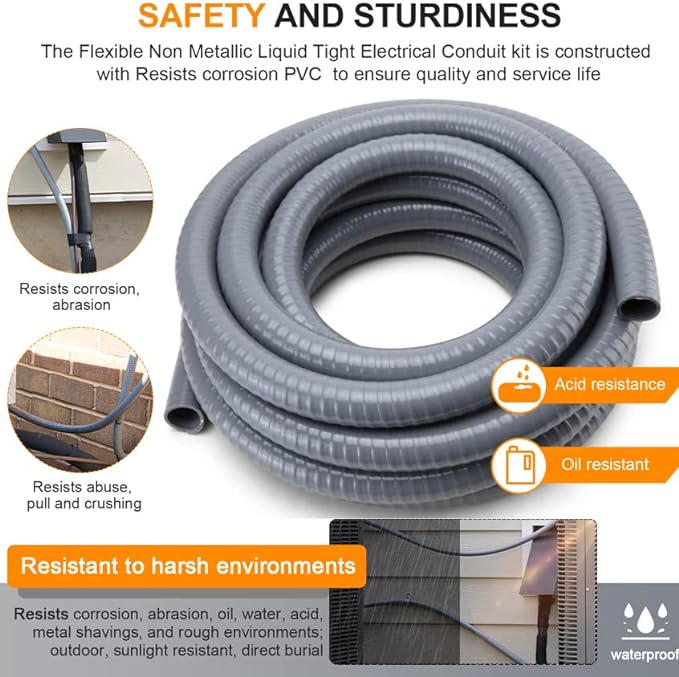 DWALE Liquid-Tight Conduit and Connector Kit,Flexible Non Metallic Liquid Tight Electrical Conduit,1-1/4inch25ft Electrical Conduit Kit,with4 Straight and2 Angle Fittings Included,1-1.4 in. Dia