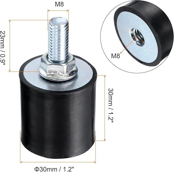 uxcell 8pcs M8x23mm Rubber Isolator Mounts with Studs 30x30mm Male Female Vibration Shock Absorber Zinc Plated Cylindrical Thread Mounts Anti Vibration Isolators with 8pcs M8 Lock Nuts