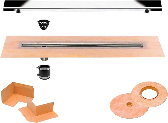 All-in-one Waterproof Linear Shower Drain Kit with 28 Inch Off-set Outlet Channel Body (KL1VO60E70) and Drain Grate Assembly (Cover) in Solid Design with Chrome Finish (KL1AR19EP70)