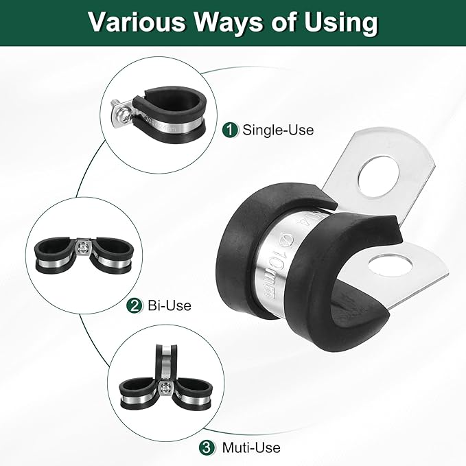 uxcell 3/8"(10mm) Cable Clamp, 304 Stainless Steel Rubber Cushioned Insulated R Shape Metal Clamp Tube Holder for Pipe Hose Wire Cord Installation 15Pcs