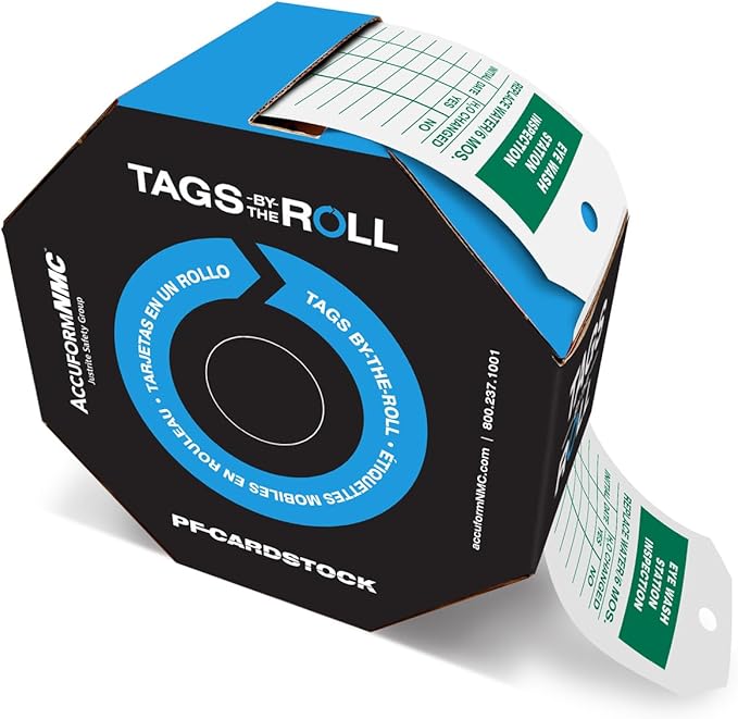 AccuformNMC 100 Tags by-The-Roll, Eyewash Station Inspection Tags with Record, US Made OSHA Compliant Eye Wash Tags, Waterproof PF-Cardstock, Resists Tears, 6.25"x3", TAR709