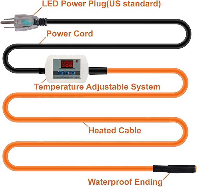 Cupohus Heat Tape for Water Pipes with Digital Display Thermostat 12FT, Freeze Protection Self-Regulating Heat Trace Cable for Metal, Plastic Home Pipes, Roof and RV, 110-120V