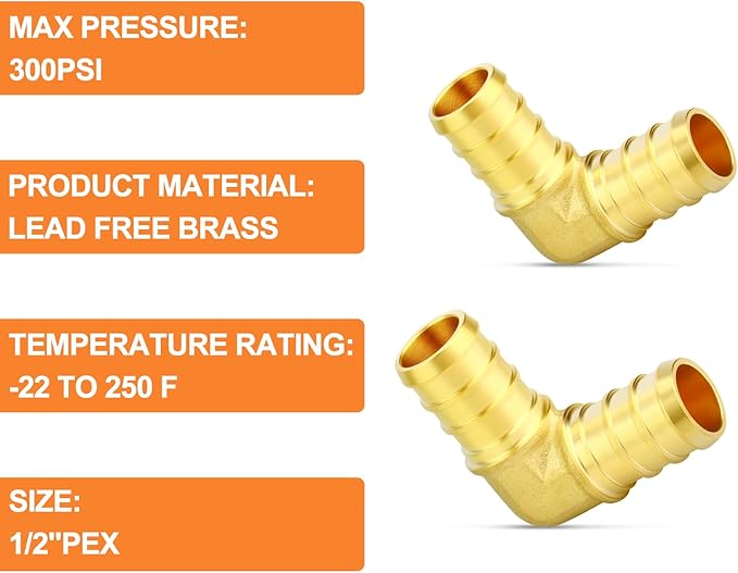 GASHER 20Pcs No Lead Brass 1/2" Pex Elbow Fittings, 1/2 Inch Pex Fittings for Pex Tubing