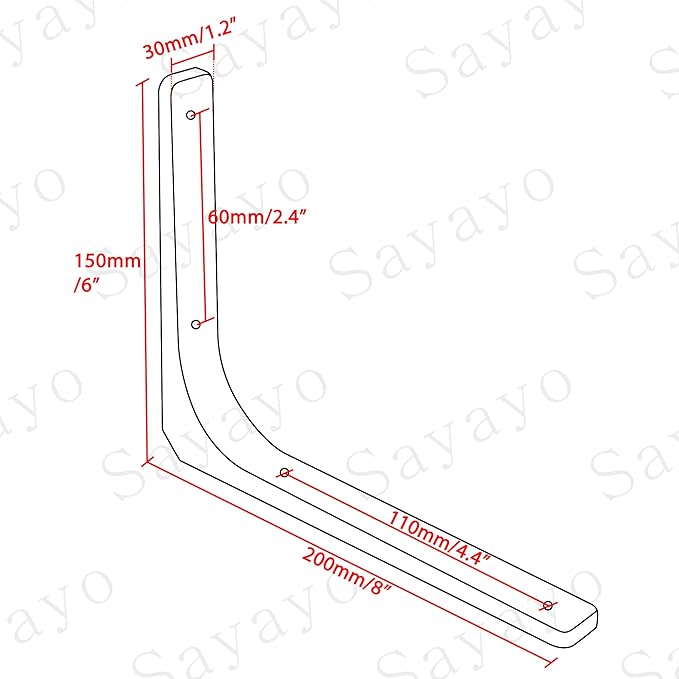 SAYAYO Metal Shelf Brackets, 8 x 6 Inch Heavy Duty L Angle Brackets Shelf Hardware Decorative Wall Hanging Supports for Floating Storage Shelf, 4 PCS Matte Black