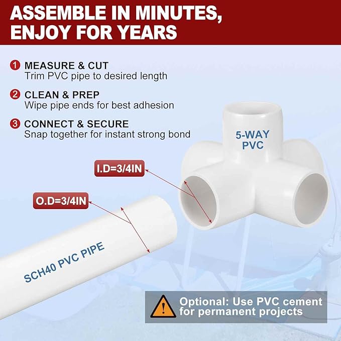 10Pcs 3/4" Elbow PVC Fitting, SCH40 5-Way Cross Furniture Grade PVC Pipe Fitting, DIY Corner Elbow Connector for Building Furniture, Greenhouse Frame Connection, Socket x Socket