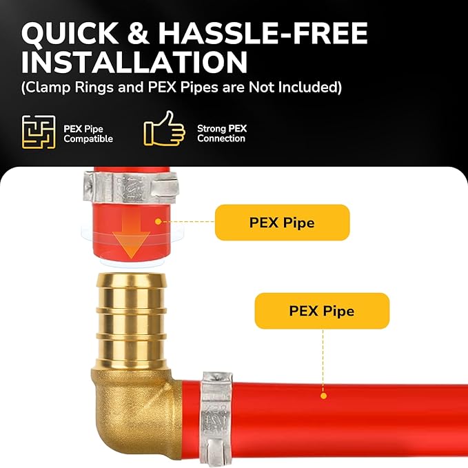 Pex Fittings, 1/2" Pex 90 Degree Elbow, Heavy-Duty Brass Crimp Fittings for PEX Pipes with Leak-Resistant Construction, NSF & UPC Certified, 5-Pack