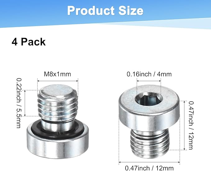 6-Pack M8x1mm Inner Hex Head Pipe Fitting Plug, Carbon Steel Sensor Socket Plug with Seal O-Ring for Terminate Pipe Ends/High Pressure Washer, Sealing Screw
