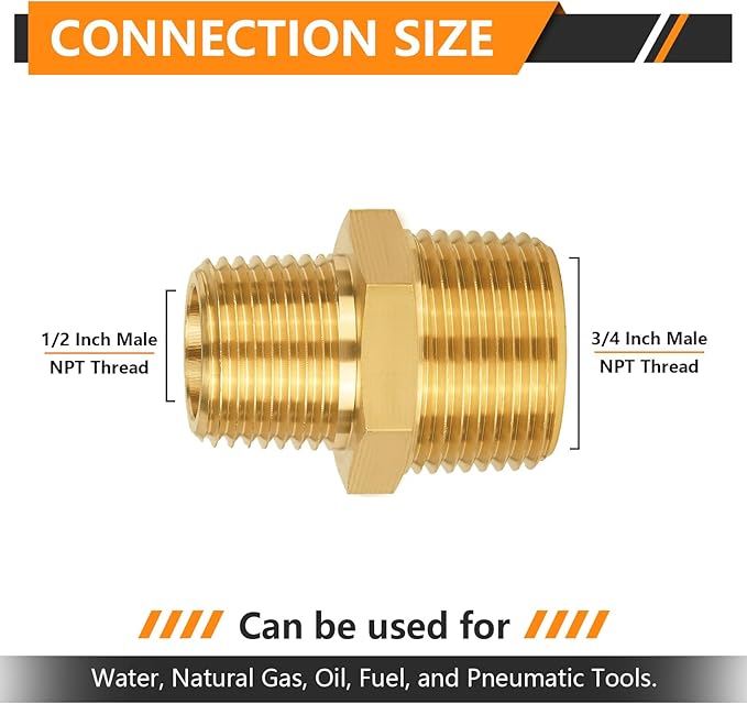 200-PCs HeSun Brass Hex Nipple Pipe Fitting, 3/4" NPT Male x 1/2" NPT Male Hex Pipe Adapter