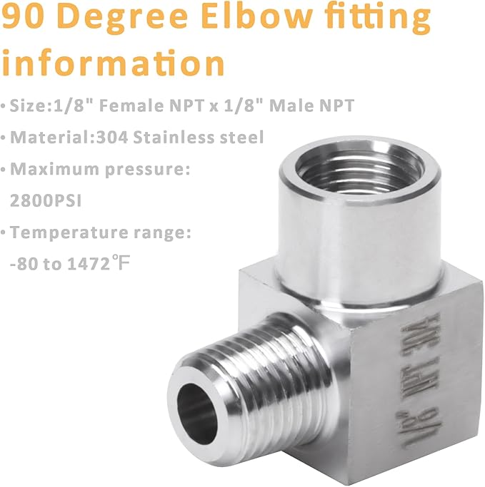 90 Degree Street Elbow - 1/8" NPT Male to 1/8" NPT Female Stainless Steel 304 Heavy Duty Forged Square Barstock Street Elbow Adapter Pipe Fitting (pack of 5)