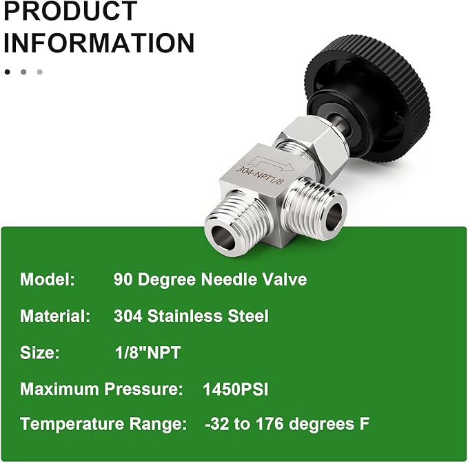 TAISHER 1PCS 304 Stainless Steel 90 Degree Needle Valve 1/8" NPT Male For Flow Control Water Gas Oil
