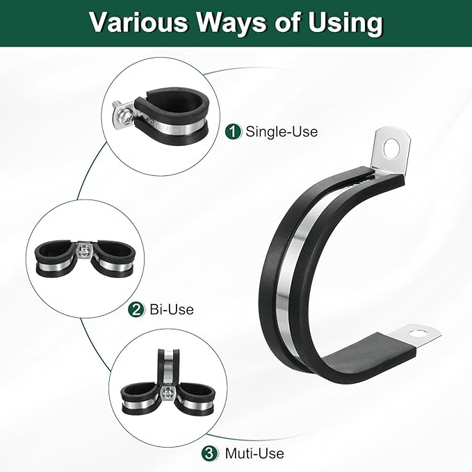 uxcell 1-5/8"(42mm) Cable Clamp, 304 Stainless Steel Rubber Cushioned Insulated Clamp R Shape Metal Clamp Tube Holder for Pipe Hose Wire Cord Installation 8Pcs