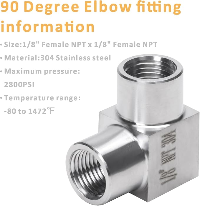 90 Degree Street Elbow - 1/8" NPT Female to 1/8" NPT Female Stainless Steel 304 Heavy Duty Forged Square Barstock Street Elbow Adapter Pipe Fitting (pack of 5)