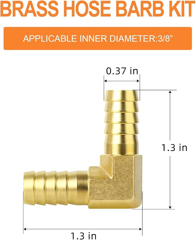 GASHER 20 Pieces Brass Hose Barb Reducer, 3/8 Inch to 3/8 Inch Hose ID 90 Degree L Right Angle Elbow with 40 Hose Clamps, Brass Barb Reducer SPLICER Fitting Fuel/AIR/Water/Oil/Gas/WOG
