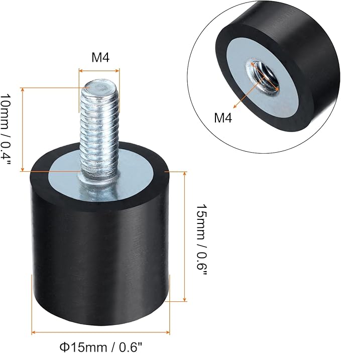 uxcell 2pcs M4x10mm Rubber Isolator Mounts with Studs 15x15mm Male Female Vibration Shock Absorber Cylindrical Thread Mounts Anti Vibration Isolators with 2pcs M4 Lock Nuts