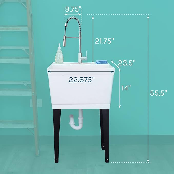 Utility Sink Extra-Deep Laundry Tub in White with High-Arc Stainless Steel Coil Pull-Down Sprayer Faucet, Integrated Supply Lines, P-Trap Kit, Heavy Duty Floor Mounted Freestanding Wash Station