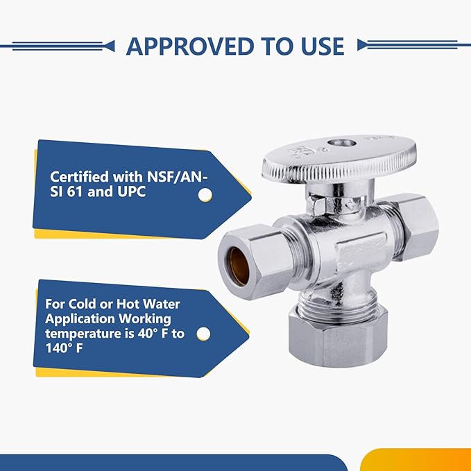 20-Pack GUOFIS Angle Stop Valve with Dual Compression Outlet,1/2" NOM (5/8" OD) Inlet x (3/8" x 3/8") Outlet Shut-off Valves(1/4 Turn,Chrome)(VALVE123-20Pack)