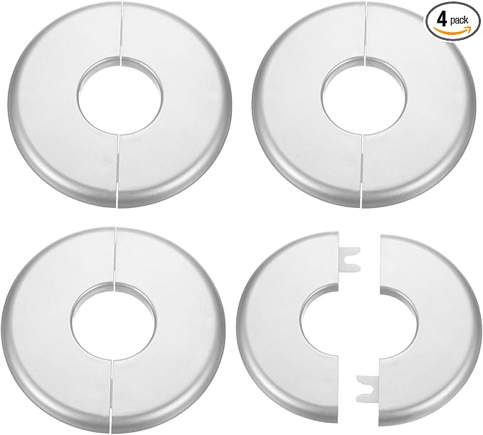 HARFINGTON 4pcs Wall Split Flange 33.5mm/1.3" Self-Adhesive Plumbing Cover Plates ABS Plastic Round Escutcheon Plate Buckle Design for Water Pipe Bathroom Kitchen Decoration, Silver Tone