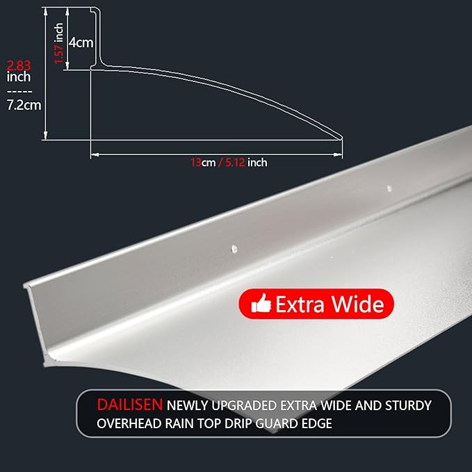 Extra Wide 5.12" W Door rain drip Guard Overhead,55.1" L Aluminum drip Cap for Exterior Doors Window Top,rain drip Edge Flashing,Water Deflector,rain Diverter,Anodized Silver 1PCS