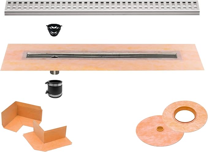 All-in-one Waterproof Linear Shower Drain Kit with 48 Inch Off-set Outlet Channel Body (KL1VO60E120) and Drain Grate Assembly (Cover) in Square Design with Brushed Stainless Steel Finish (KL1B19EB120)