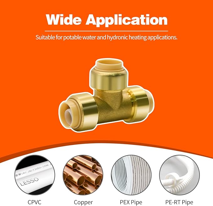 6 Pack Push-to-Connect Plumbing Fittings, 1/2" Pushfit Tee Fittings with Disconnect Clip for Copper, PEX, CPVC Pipe