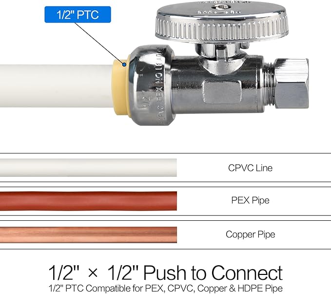 10pcs Stop Valves, 1/2" × 3/8" Straight Stop Valve, 1/2" PTC Input, 3/8" OD Compression Output, Push to Connect, 1/4 Turn, Chrome Plated Brass for Faucet, No Lead