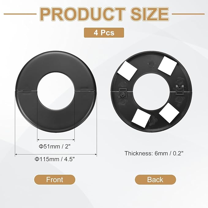 PATIKIL Wall Split Flange 115mm / 4.5" OD, 4 Pcs Round Escutcheon Plate Cover PPR Plumbing Cover Plates with Self-Adhesive Tape for 51mm / 2" Dia Water Pipe Faucet, Black