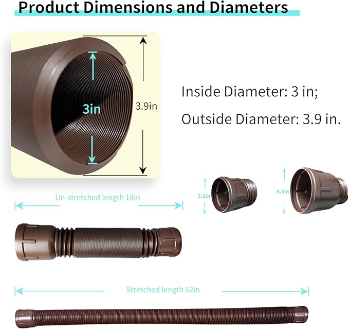 Roof Downspout Extension Pipe, Adjustable & Expandable Gutter Drain Pipe, PVC Anti-Clogging Rainwater Extension Hose for Roof Drainage（ROUND/brown)