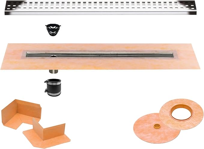 All-in-one Waterproof Linear Shower Drain Kit with 32 Inch Off-set Outlet Channel Body (KL1VO60E80) and Drain Grate Assembly (Cover) in Square Design with Chrome Finish (KL1B19EP80)