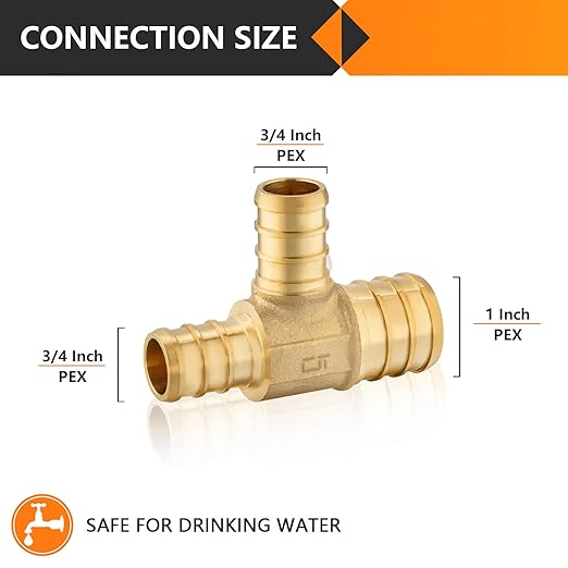 50-Pack HeSun PEX Fittings, 1"x3/4"x3/4" Pex Tee, Brass Crimp Fitting for ASTM F1807(PEX1807088-50)