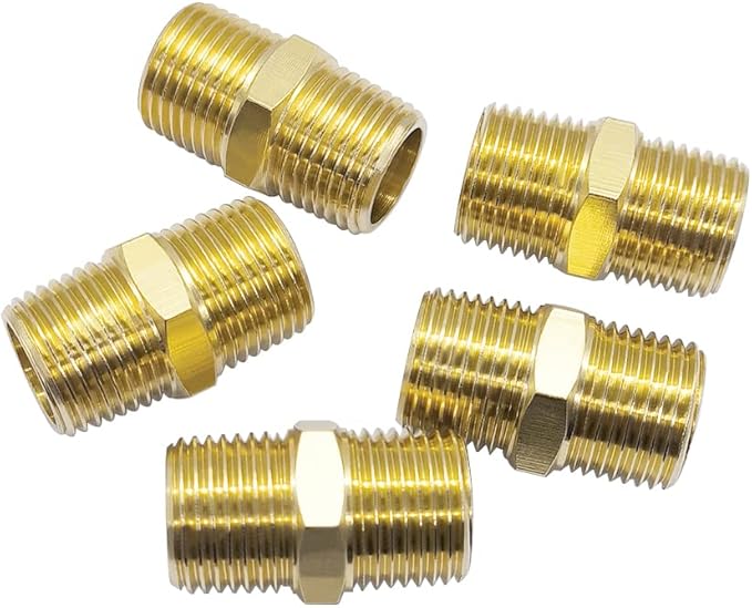 Hooshing 2PCS Hex Nipple 3/8" NPT x 3/8" NPT Male Thread Brass Pipe Fitting Equal Nipples Adapter for 5/8" ID Pipe Connector