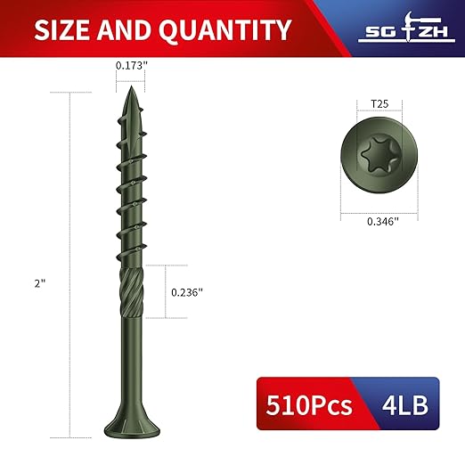 #8 x 2 Inch Deck Screws (510Pcs) 4lb. Carbon Steel, Green, Flat Head, Rust Resistant epoxy Coated, with T25 Star Bit