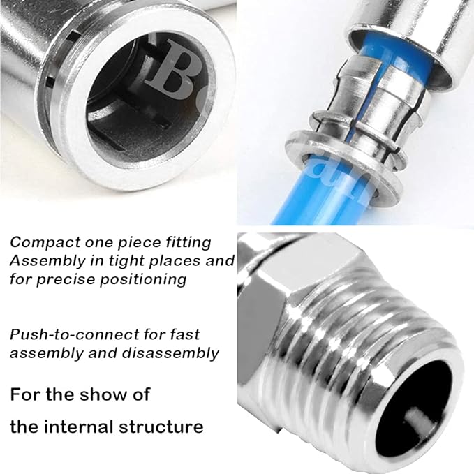 Beduan Push to Connect Tube Fitting Union Tee, Copper Nickle-Plated 1/4" Tube OD x 1/4" NPT Male Thread Shaped Union Adapter Fitting (Pack of 5)
