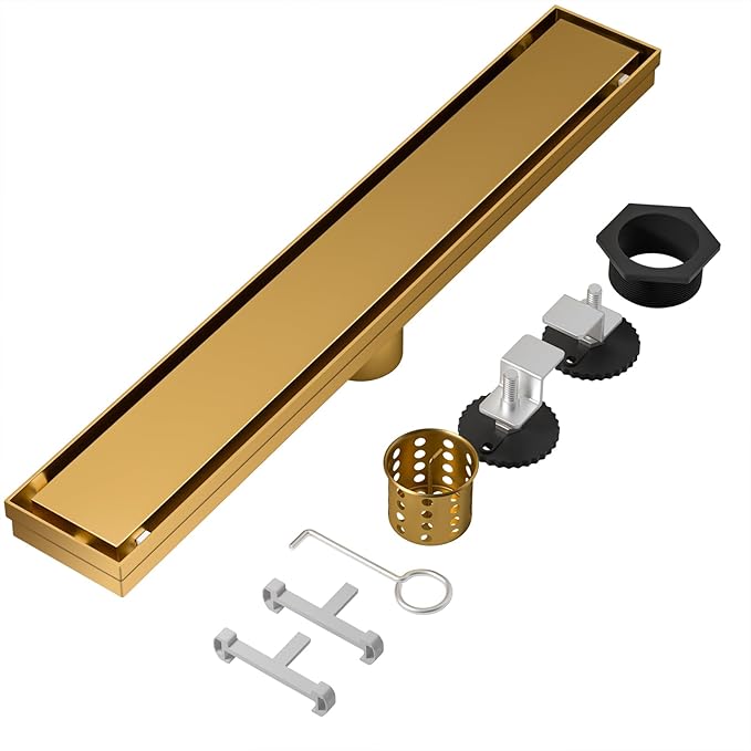 Linear Shower Drain, 304 Stainless Steel with Adjustable Leveling Feet, Hair Strainer,Reversely Install Place to Create an Invisible Floor Drain - Gold -18-Inch