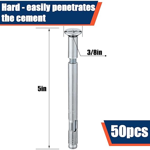 Tandefio 50 Pcs 3/8" x 5" Flat Sleeve Anchors for Concrete Zinc Plated Expansion Anchors Flush Mount Bolt for Masonry, Brick, Concrete Heavy Duty Bolts Secure Fastening