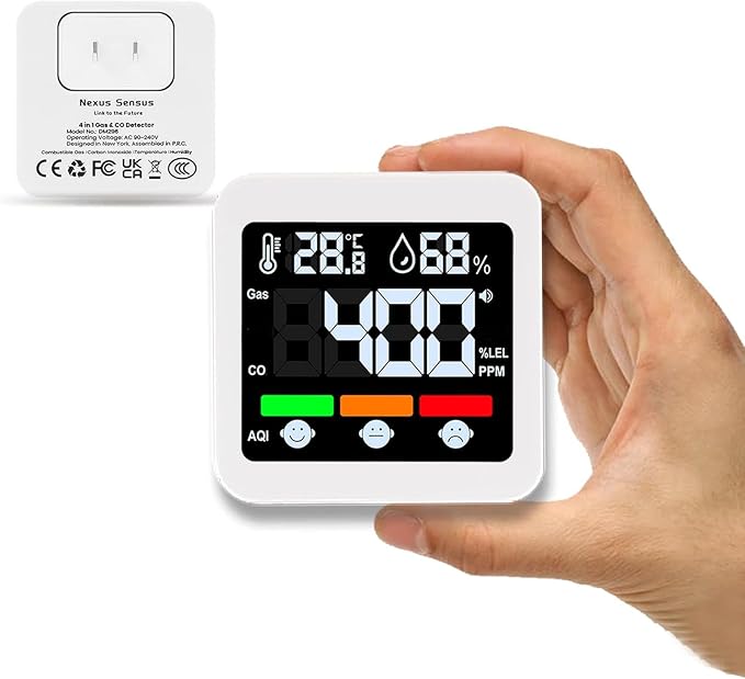 Plug-in 4-in-1 Gas & CO Detector with Temp/Humidity - Natural Gas, Propane & Methane Detector for Home, RV & Apartments (1, White-Voice Edition)