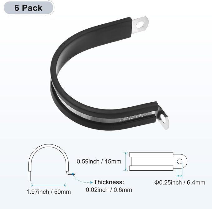 6-Pack Cable Clamps, 1-31/32 Inch/ 50 mm 304 Stainless Steel Rubber Cushioned Insulated Cable Clamp R Shape Metal Holder for Tube/Wire/Pipe/Loop Installation