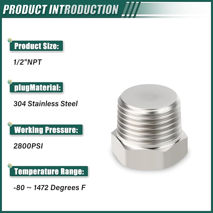 2PCS Stainless Steel Outer Hex Thread Socket Pipe Plug Fitting, 1/2" NPT Male, for Blocking or Sealing Holes in Pipes or Devices