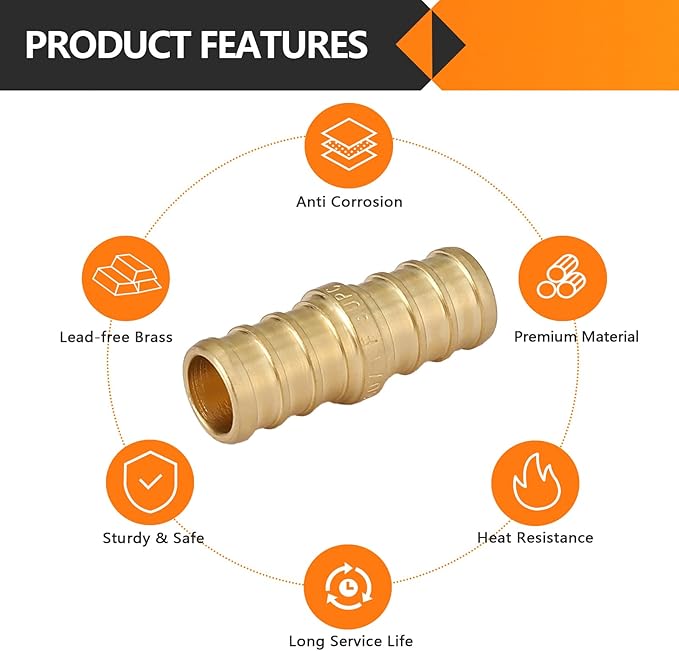 200-Pack HeSun PEX Fittings, 3/4"x3/4" Pex Straight Coupling, Brass Crimp Fitting for Pex Pipes, ASTM F1807(PEX1807006-200)