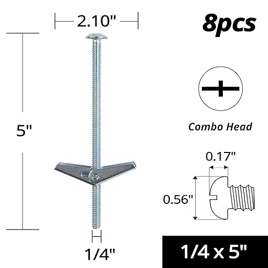 HASWARE Toggle Bolt Zinc Plated Steel and Wing Nut for Hanging Heavy Items on Drywall 1/4x5 (8 Pack)
