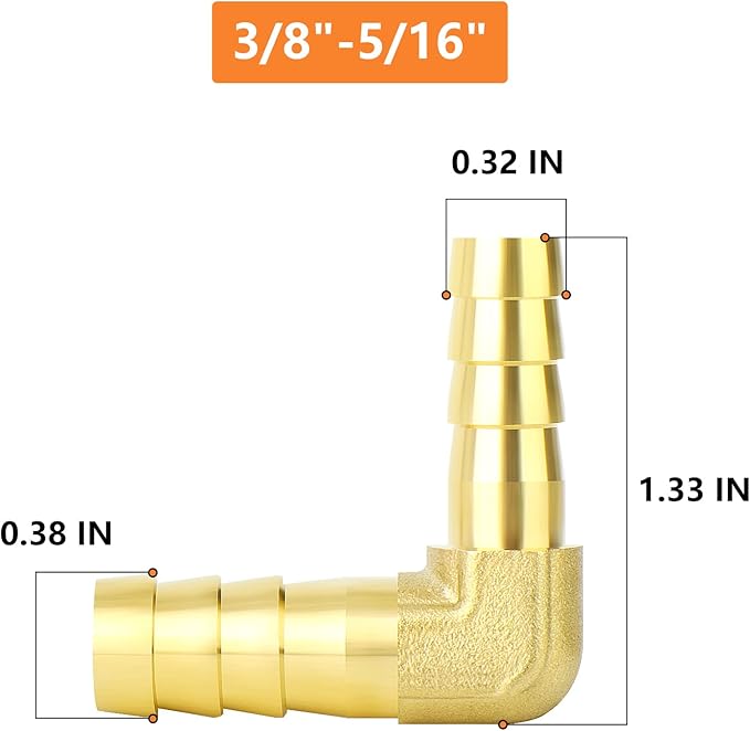 GASHER 2 Pieces Brass Hose Barb Reducer, 3/8 Inch to 5/16 Inch Barb Hose ID 90 Degree L Right Angle Elbow with 4 Hose Clamps, Brass Barb Reducer SPLICER Fitting Fuel/AIR/Water/Oil/Gas/WOG
