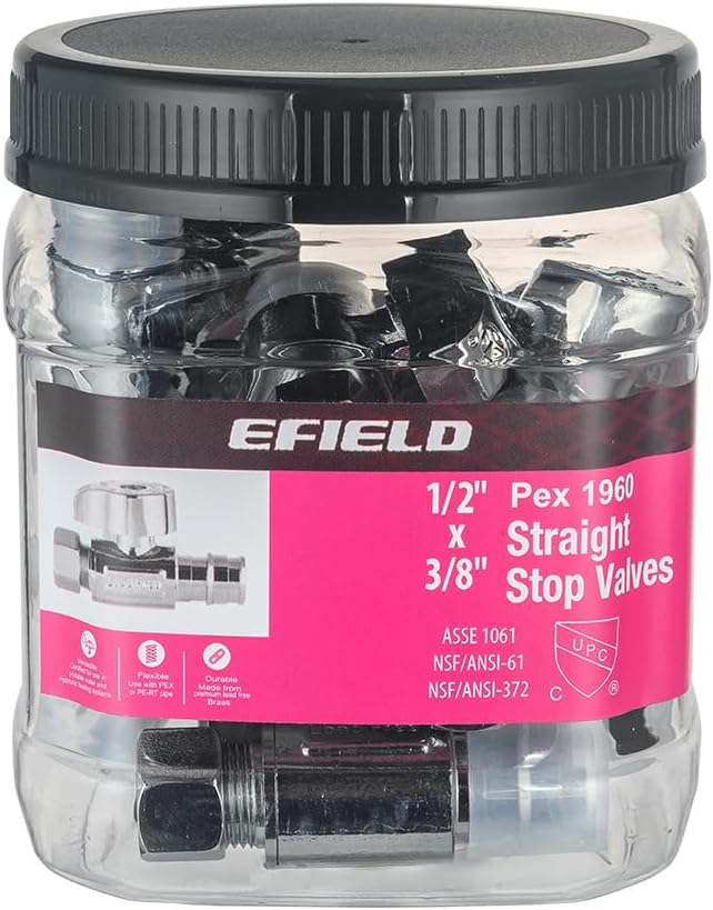 Pro 15-Pack EFIELD Stop Valve Pex-A 1/4 Turn Straight Stop Valve 3/8" OD Compression X 1/2" Pex Expansion, Chrome Plated LF Brass, Heavy Duty,(VALVE381)